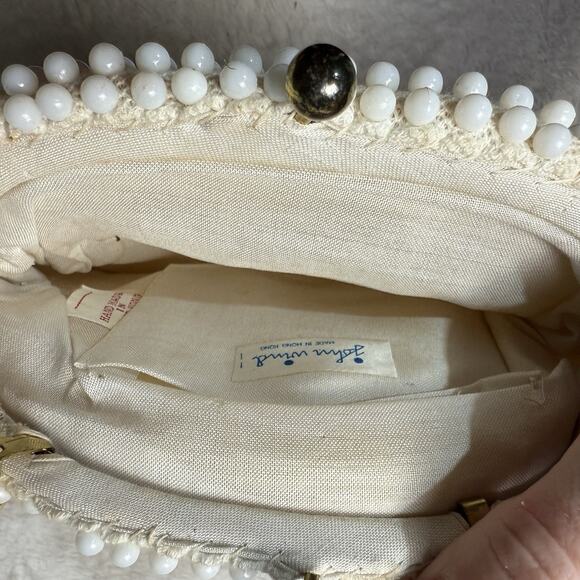 Vtg John Wind Beaded Purse White Handbag Chain Strap Clutch Wedding Art Deco MCM - Picture 5 of 5